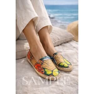 Anuschka Hand Painted Leather Espadrille Flats Butterfly Floral Multicolor Sz 8